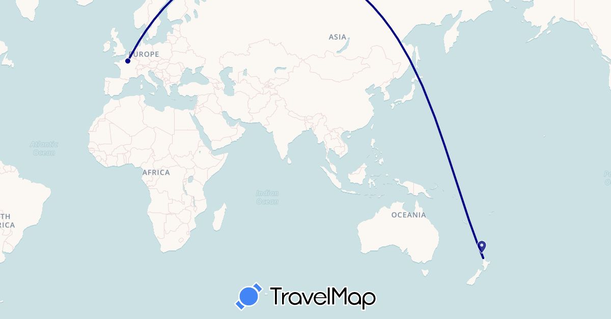TravelMap itinerary: driving in France, New Zealand (Europe, Oceania)